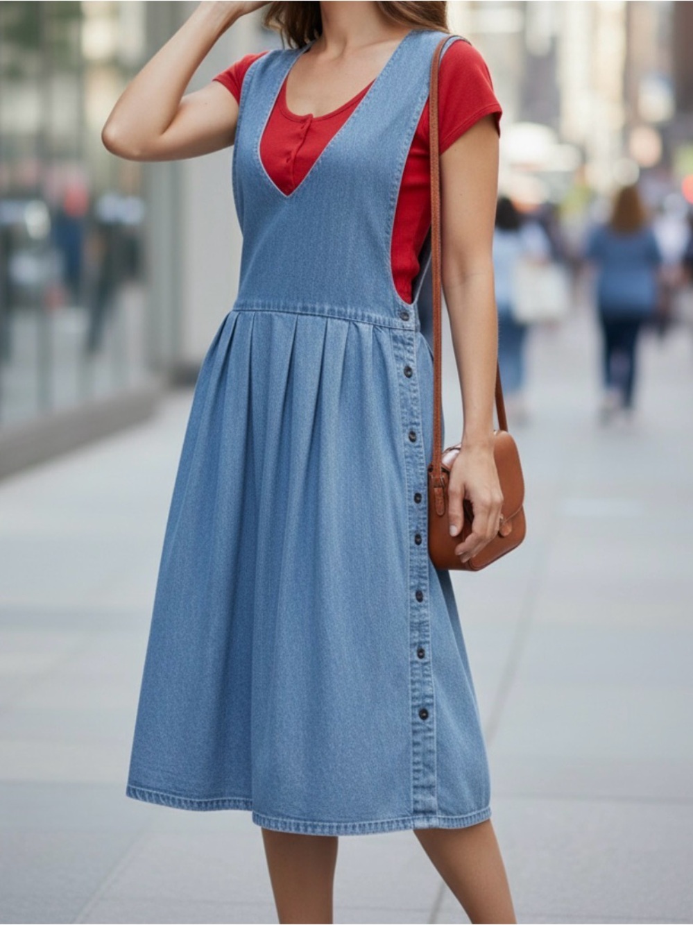 VTG Light Denim Jumper, Midi, Deep V-Neck, Open Sides on Bodice, Pleated Dress